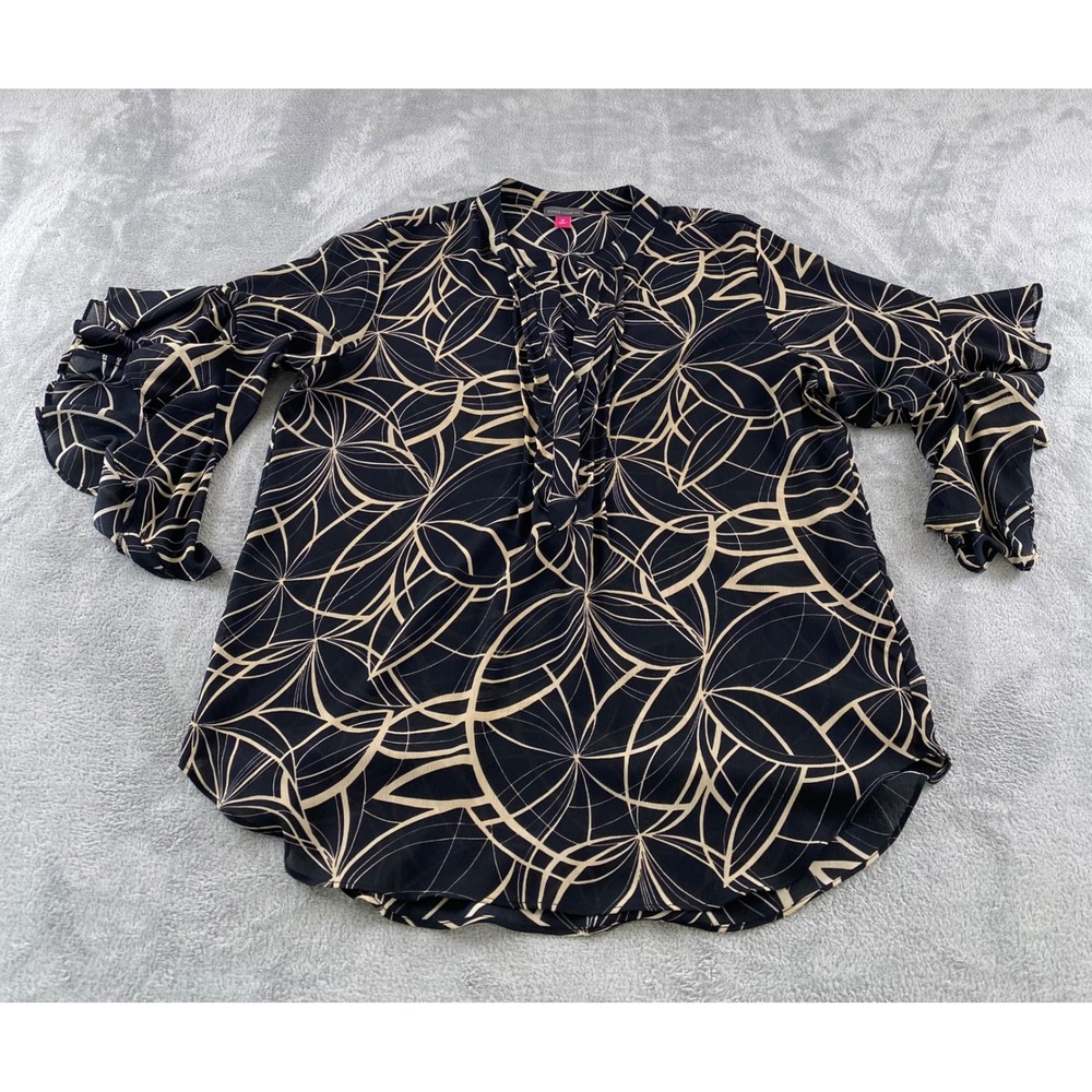 Vince Camuto Women Black Tan Geometric Floral Ruffle Sleeve Blouse Size M